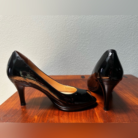 Cole Haan Peep Toe Black Patent Pumps Nike Air Collection Heels Sandals Shiny - Picture 6 of 8